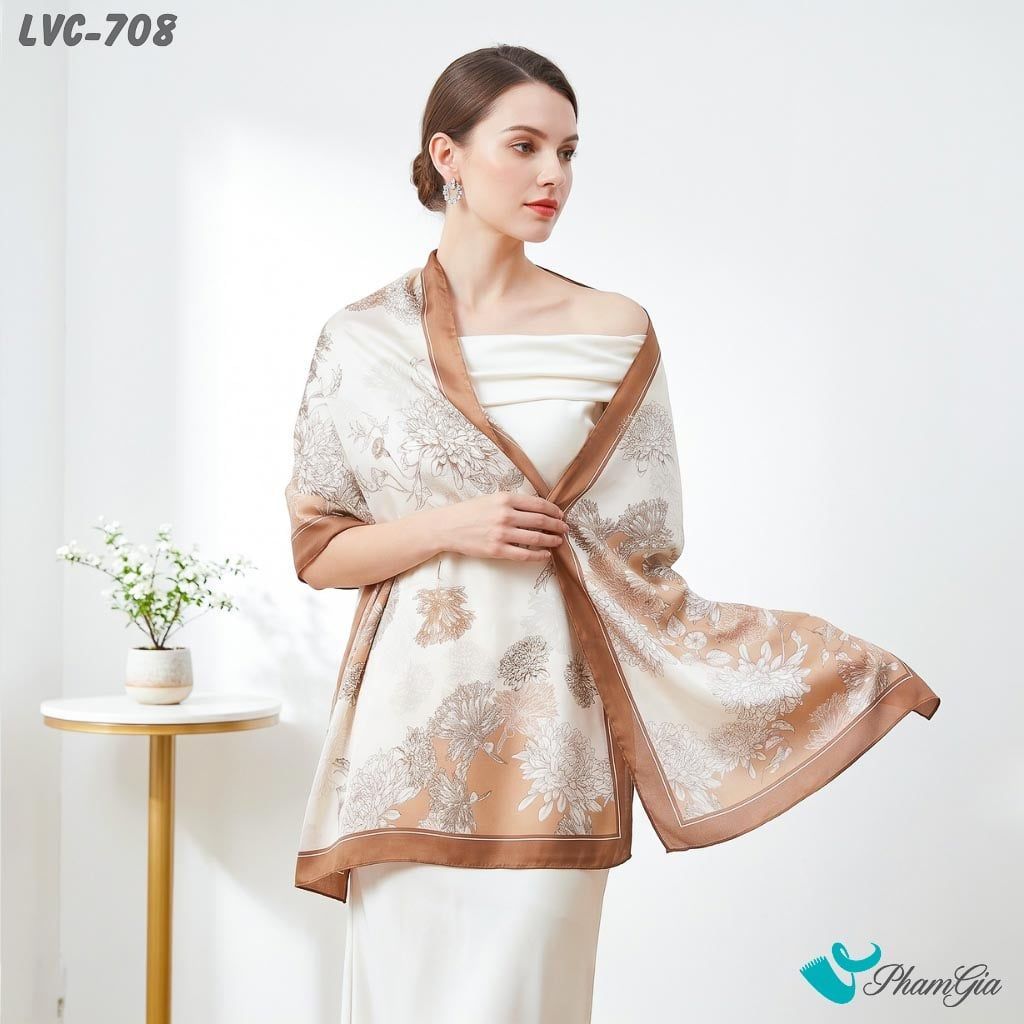 Khăn Choàng Lụa Vân Châu Họa Tiết Hoa Cúc Trắng Phối Nền Nâu Nhạt Trang Nhã (LVC708)