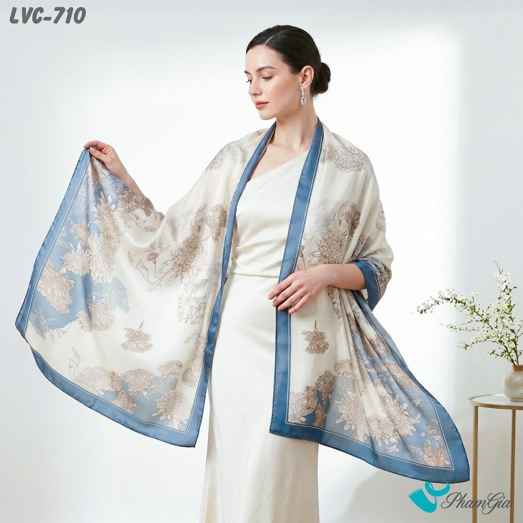 Khăn Choàng Lụa Vân Châu Họa Tiết Hoa Cúc Trắng Phối Nền Xanh Blue Trang Nhã (LVC710)