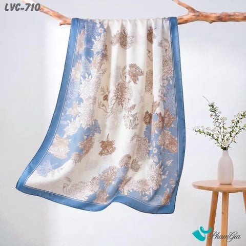 Khăn Choàng Lụa Vân Châu Họa Tiết Hoa Cúc Trắng Phối Nền Xanh Blue Trang Nhã (LVC710)