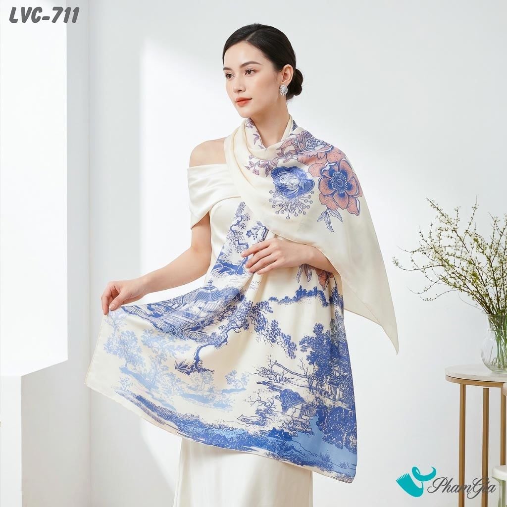 Khăn Choàng Lụa Vân Châu Họa Tiết Tranh Thủy Mặc Màu Xanh Coban Sang Trọng (LVC711)
