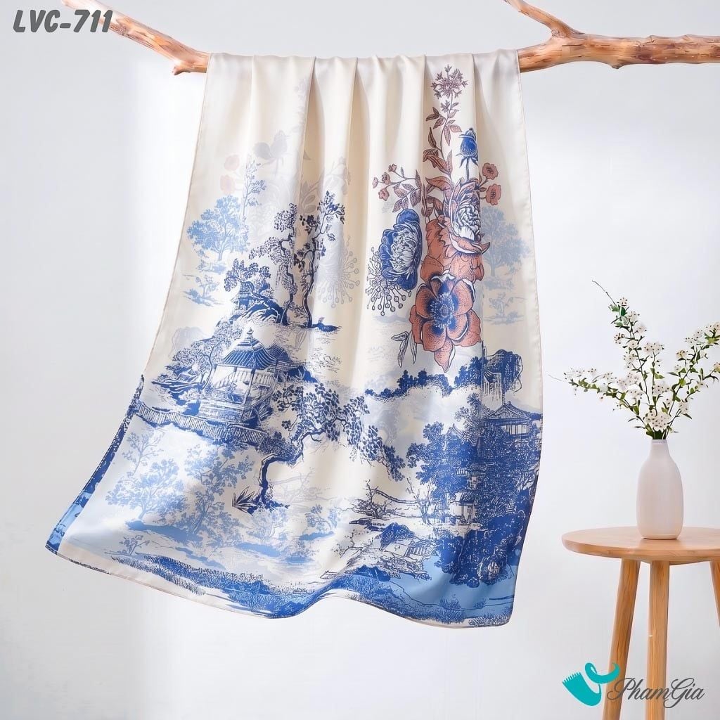 Khăn Choàng Lụa Vân Châu Họa Tiết Tranh Thủy Mặc Màu Xanh Coban Sang Trọng (LVC711)