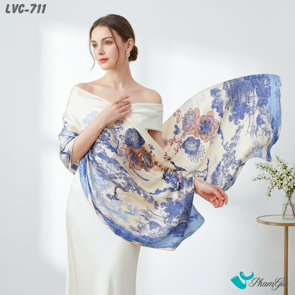 Khăn Choàng Lụa Vân Châu Họa Tiết Tranh Thủy Mặc Màu Xanh Coban Sang Trọng (LVC711)