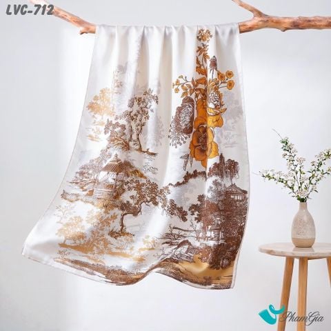Khăn Choàng Lụa Vân Châu Họa Tiết Tranh Thủy Mặc Màu Nâu Đất Sang Trọng (LVC712)