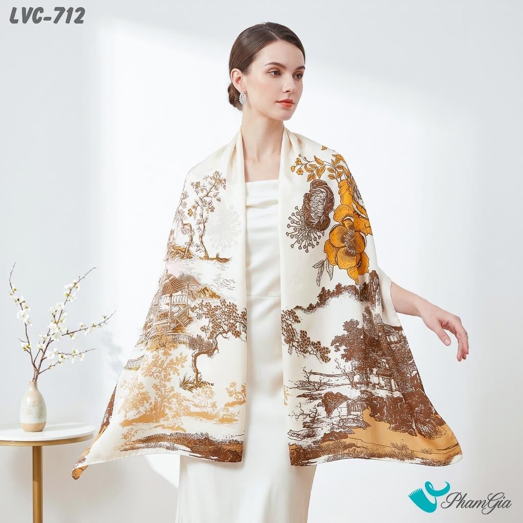 Khăn Choàng Lụa Vân Châu Họa Tiết Tranh Thủy Mặc Màu Nâu Đất Sang Trọng (LVC712)