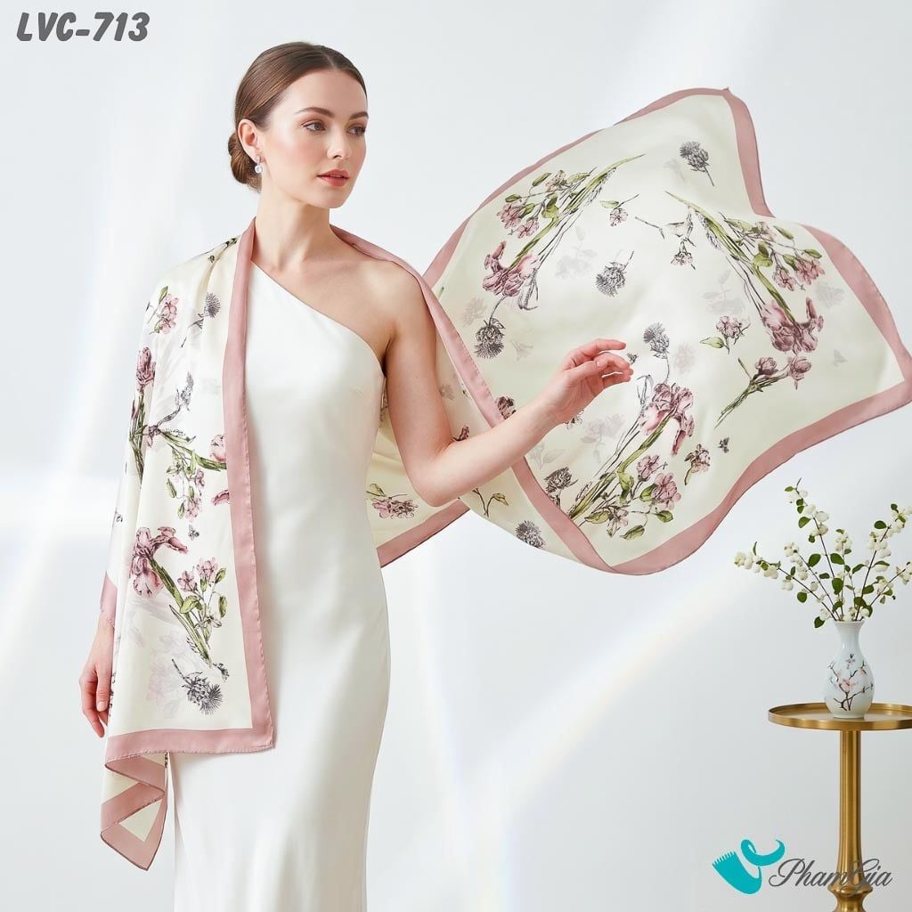 Khăn Choàng Lụa Vân Châu Họa Tiết Hoa Diên Vĩ Màu Hồng Đất Thanh Lịch (LVC713)