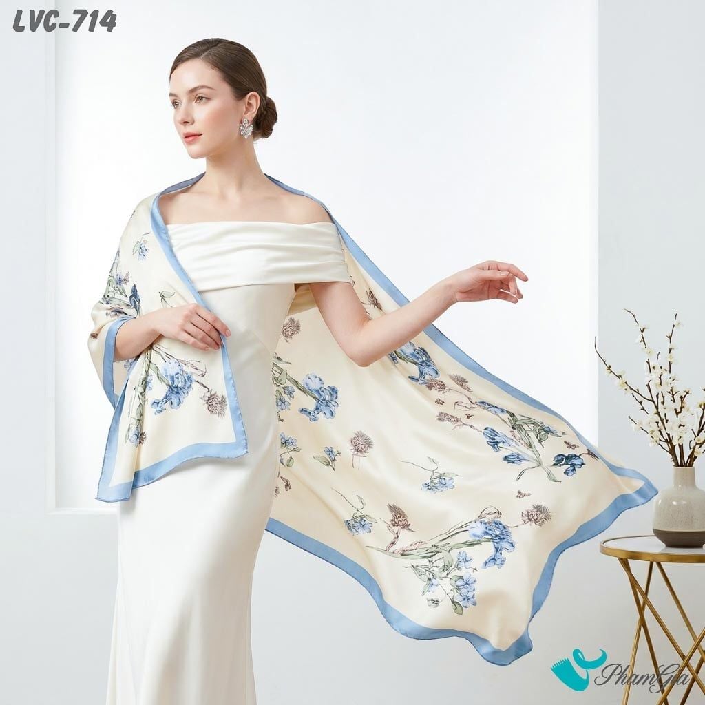 Khăn Choàng Lụa Vân Châu Họa Tiết Hoa Diên Vĩ Màu Xanh Baby Thanh Lịch (LVC714)