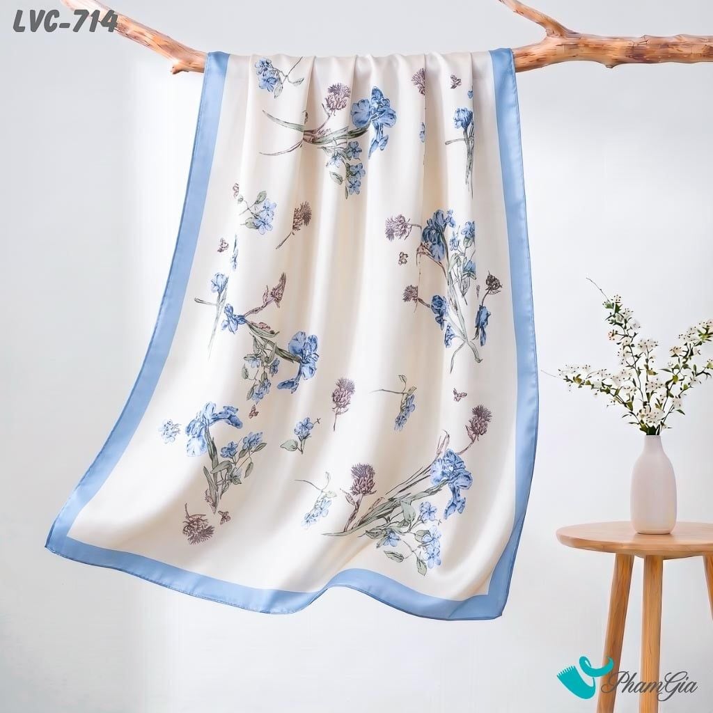 Khăn Choàng Lụa Vân Châu Họa Tiết Hoa Diên Vĩ Màu Xanh Baby Thanh Lịch (LVC714)
