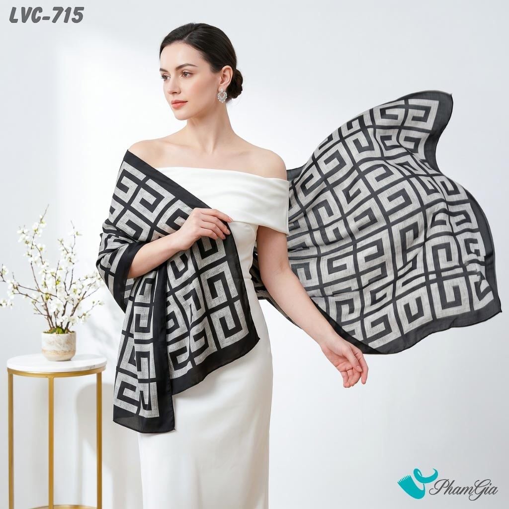 Khăn Choàng Lụa Vân Châu Họa Tiết Retro Màu Trắng Đen Hiện Đại (LVC715)