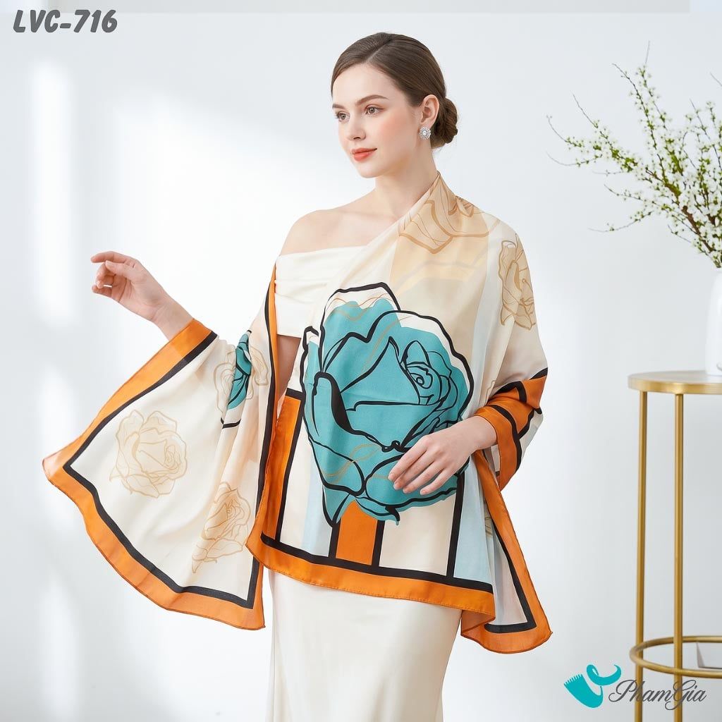 Khăn Choàng Lụa Vân Châu Họa Tiết Hoa Hồng Đại Đóa Phối Nhiều Màu Sang Trọng (LVC716)