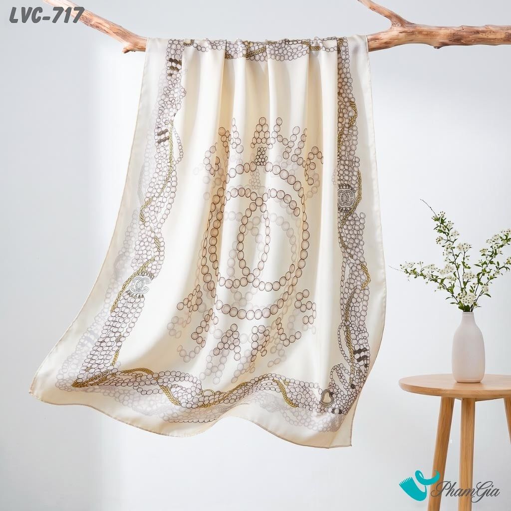 Khăn Choàng Lụa Vân Châu Họa Tiết Ngọc Trai Cách Điệu Màu Trắng Kem Thanh Lịch (LVC717)