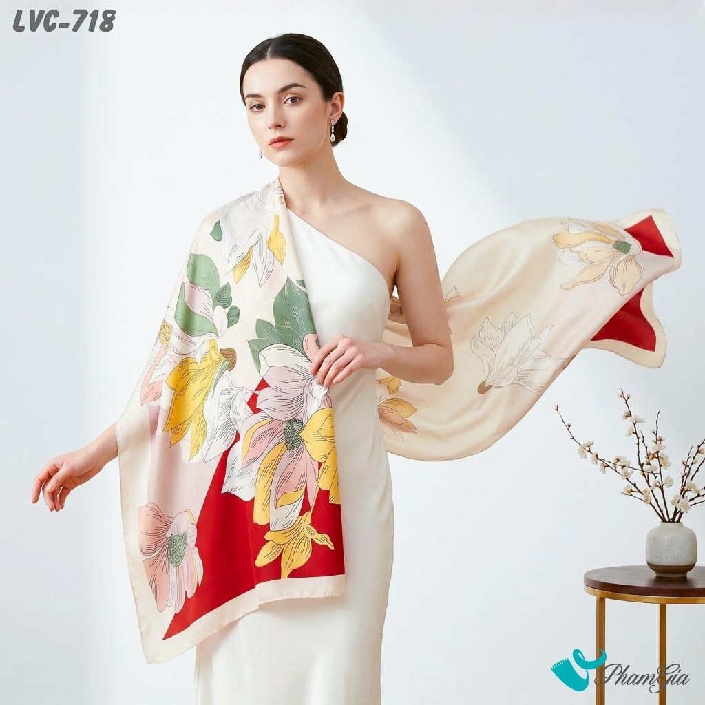 Khăn Choàng Lụa Vân Châu Họa Tiết Hoa Mộc Lan Màu Đỏ Phối Kem Trang Nhã (LVC718)