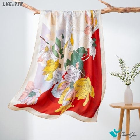 Khăn Choàng Lụa Vân Châu Họa Tiết Hoa Mộc Lan Màu Đỏ Phối Kem Trang Nhã (LVC718)