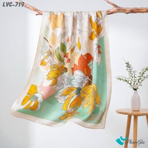 Khăn Choàng Lụa Vân Châu Họa Tiết Hoa Mộc Lan Màu Xanh Mint Phối Kem Trang Nhã (LVC719)