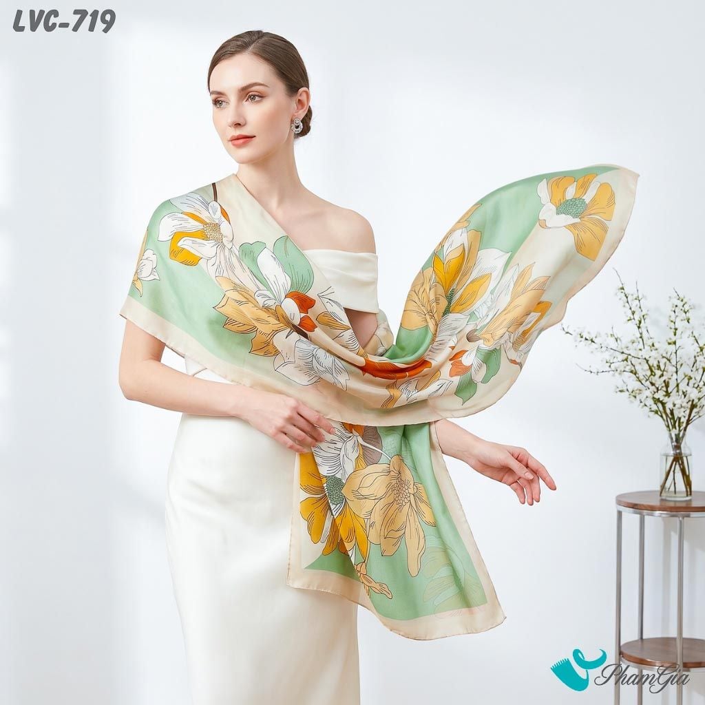 Khăn Choàng Lụa Vân Châu Họa Tiết Hoa Mộc Lan Màu Xanh Mint Phối Kem Trang Nhã (LVC719)