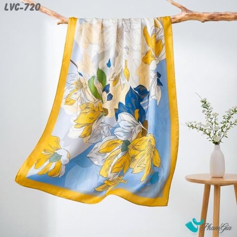 Khăn Choàng Lụa Vân Châu Họa Tiết Hoa Mộc Lan Màu Xanh Blue Phối Kem Trang Nhã (LVC720)