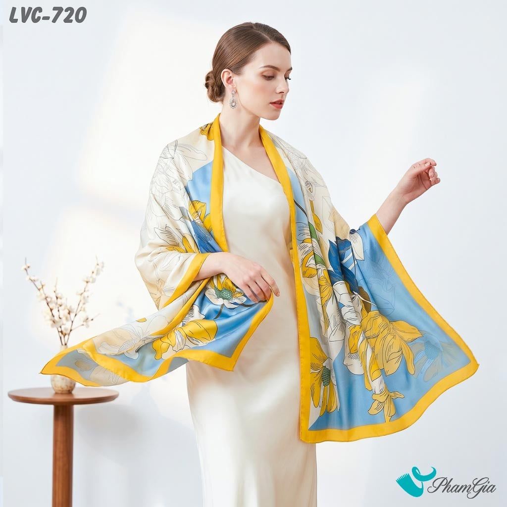 Khăn Choàng Lụa Vân Châu Họa Tiết Hoa Mộc Lan Màu Xanh Blue Phối Kem Trang Nhã (LVC720)