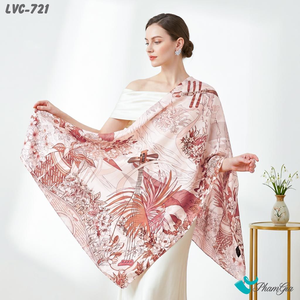 Khăn Choàng Lụa Vân Châu Họa Tiết Đàn Hoa Cổ Điển Màu Hồng Ruốc Sang Trọng (LVC721)