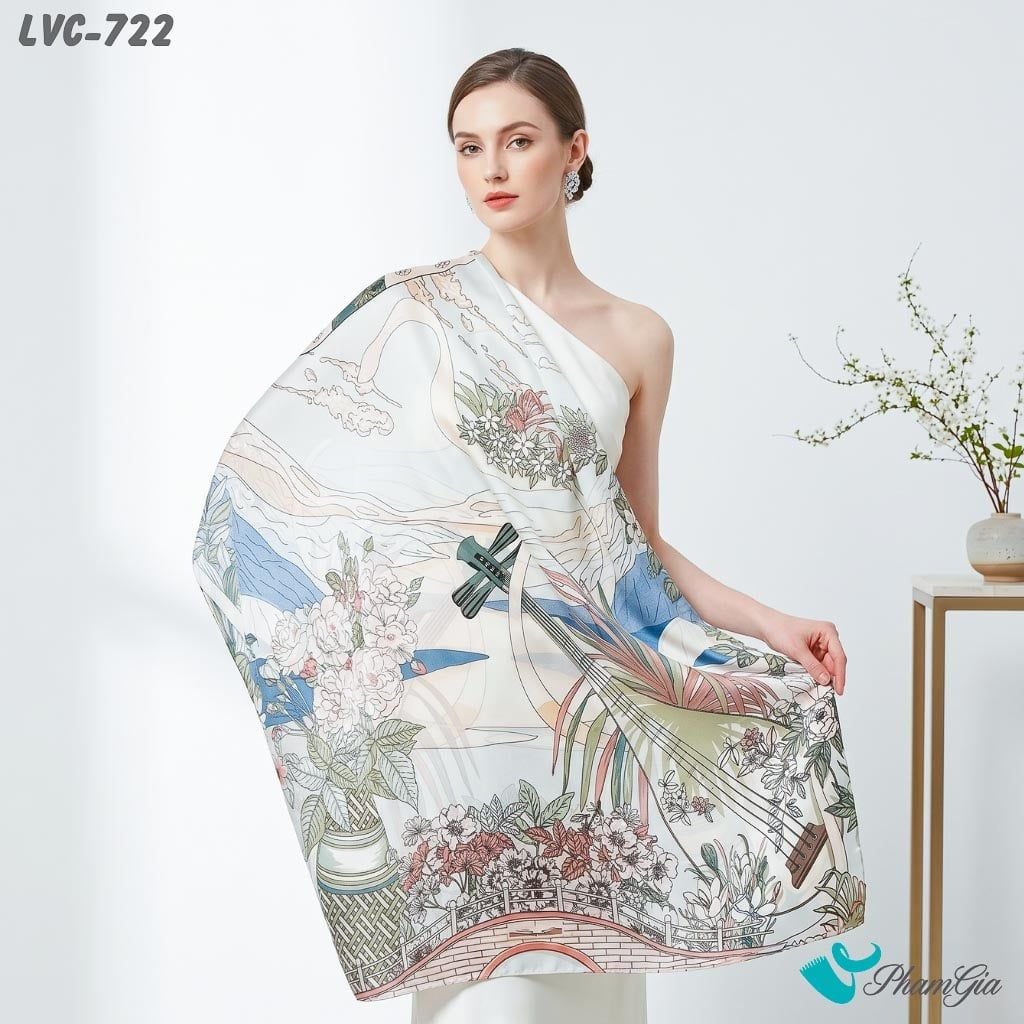 Khăn Choàng Lụa Vân Châu Họa Tiết Đàn Hoa Cổ Điển Màu Xanh Lơ Sang Trọng (LVC722)
