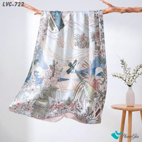 Khăn Choàng Lụa Vân Châu Họa Tiết Đàn Hoa Cổ Điển Màu Xanh Lơ Sang Trọng (LVC722)