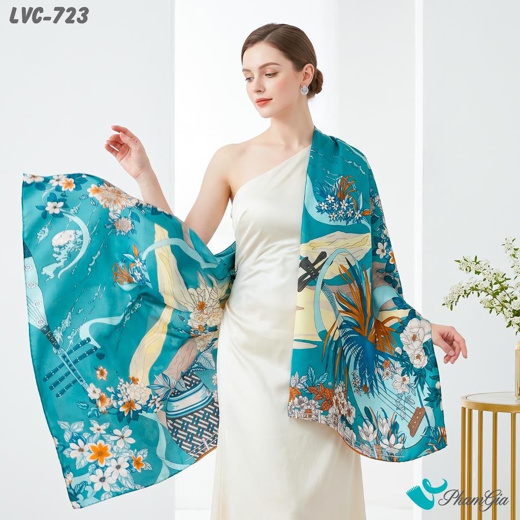 Khăn Choàng Lụa Vân Châu Họa Tiết Đàn Hoa Cổ Điển Màu Xanh Ngọc Bích Sang Trọng (LVC723)