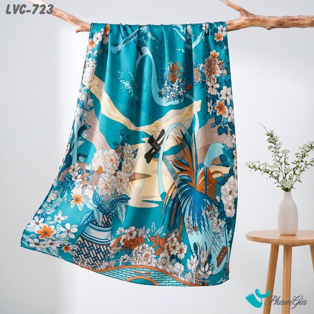 Khăn Choàng Lụa Vân Châu Họa Tiết Đàn Hoa Cổ Điển Màu Xanh Ngọc Bích Sang Trọng (LVC723)
