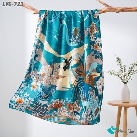 Khăn Choàng Lụa Vân Châu Họa Tiết Đàn Hoa Cổ Điển Màu Xanh Ngọc Bích Sang Trọng (LVC723)