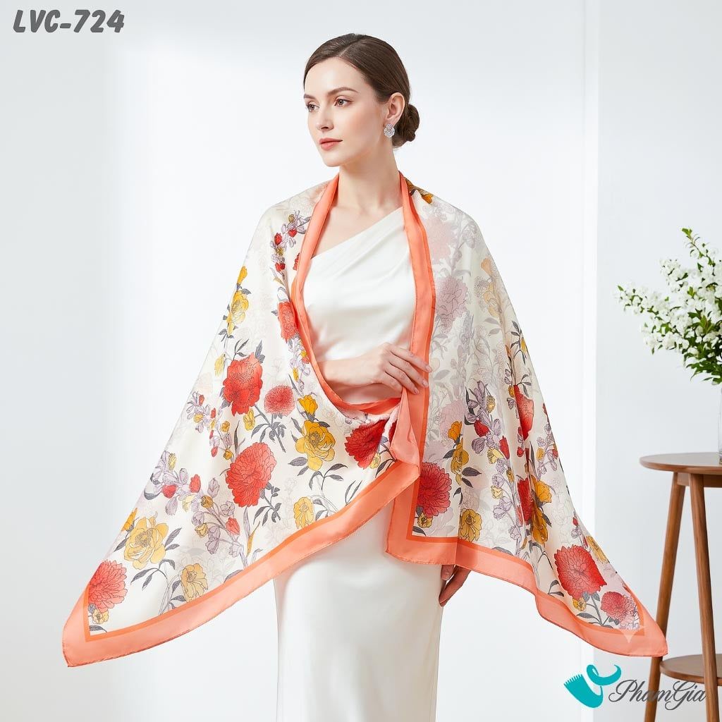 Khăn Choàng Lụa Vân Châu Họa Tiết Cành Hoa Mẫu Đơn Viền Cam San Hô Trang Nhã (LVC724)