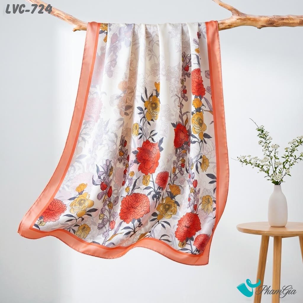 Khăn Choàng Lụa Vân Châu Họa Tiết Cành Hoa Mẫu Đơn Viền Cam San Hô Trang Nhã (LVC724)