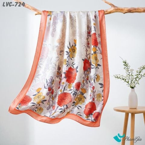 Khăn Choàng Lụa Vân Châu Họa Tiết Cành Hoa Mẫu Đơn Viền Cam San Hô Trang Nhã (LVC724)