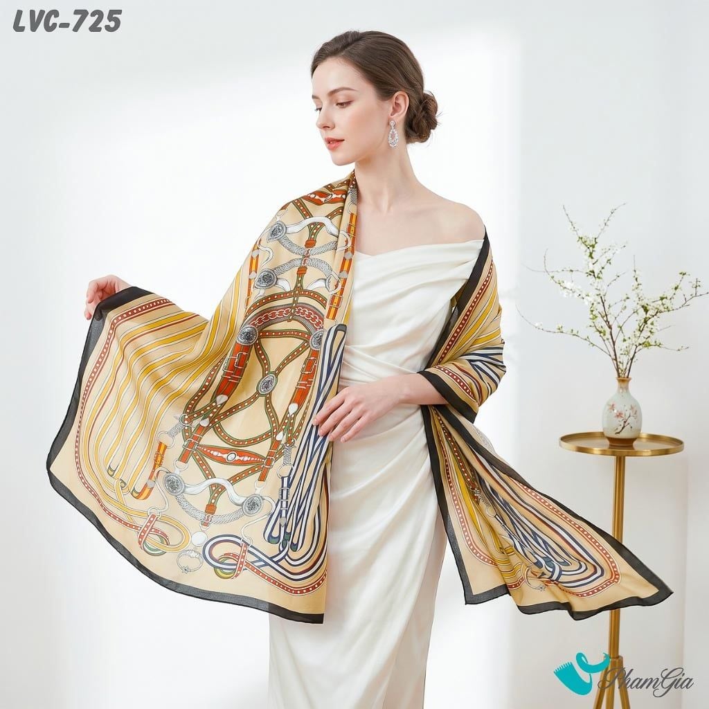 Khăn Choàng Lụa Vân Châu Họa Tiết Dây Đai Retro Màu Nâu Đất Hiện Đại (LVC725)