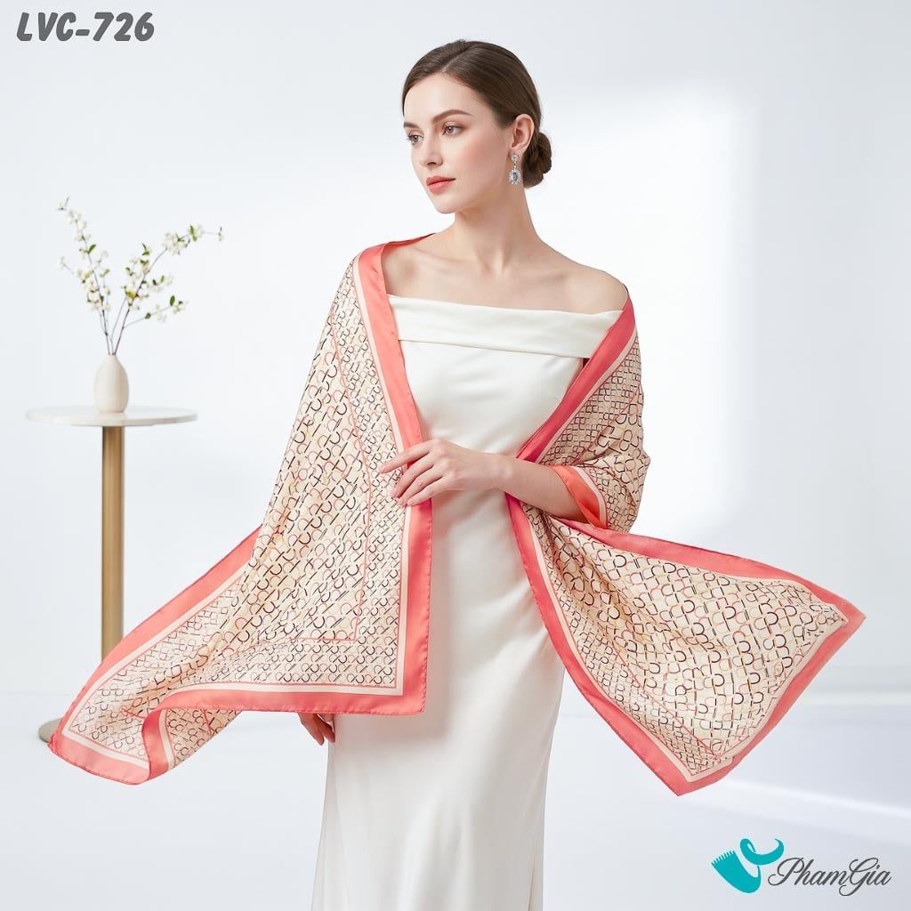 Khăn Choàng Lụa Vân Châu Họa Tiết Mắt Xích Cách Điệu Viền Hồng Đào Trẻ Trung (LVC726)