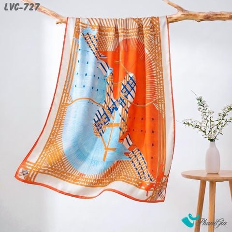 Khăn Choàng Lụa Vân Châu Họa Tiết Ngựa Nghệ Thuật Phối Màu Cam - Xanh Hiện Đại (LVC727)