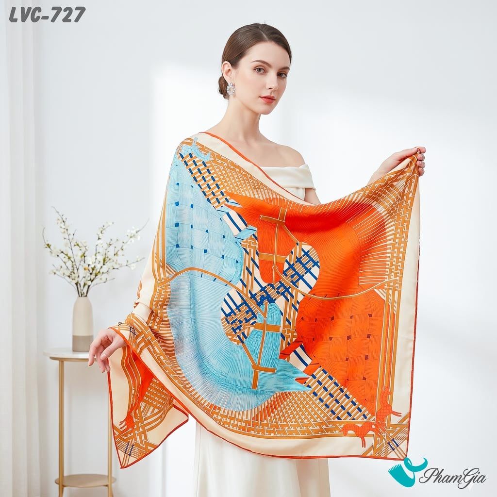 Khăn Choàng Lụa Vân Châu Họa Tiết Ngựa Nghệ Thuật Phối Màu Cam - Xanh Hiện Đại (LVC727)