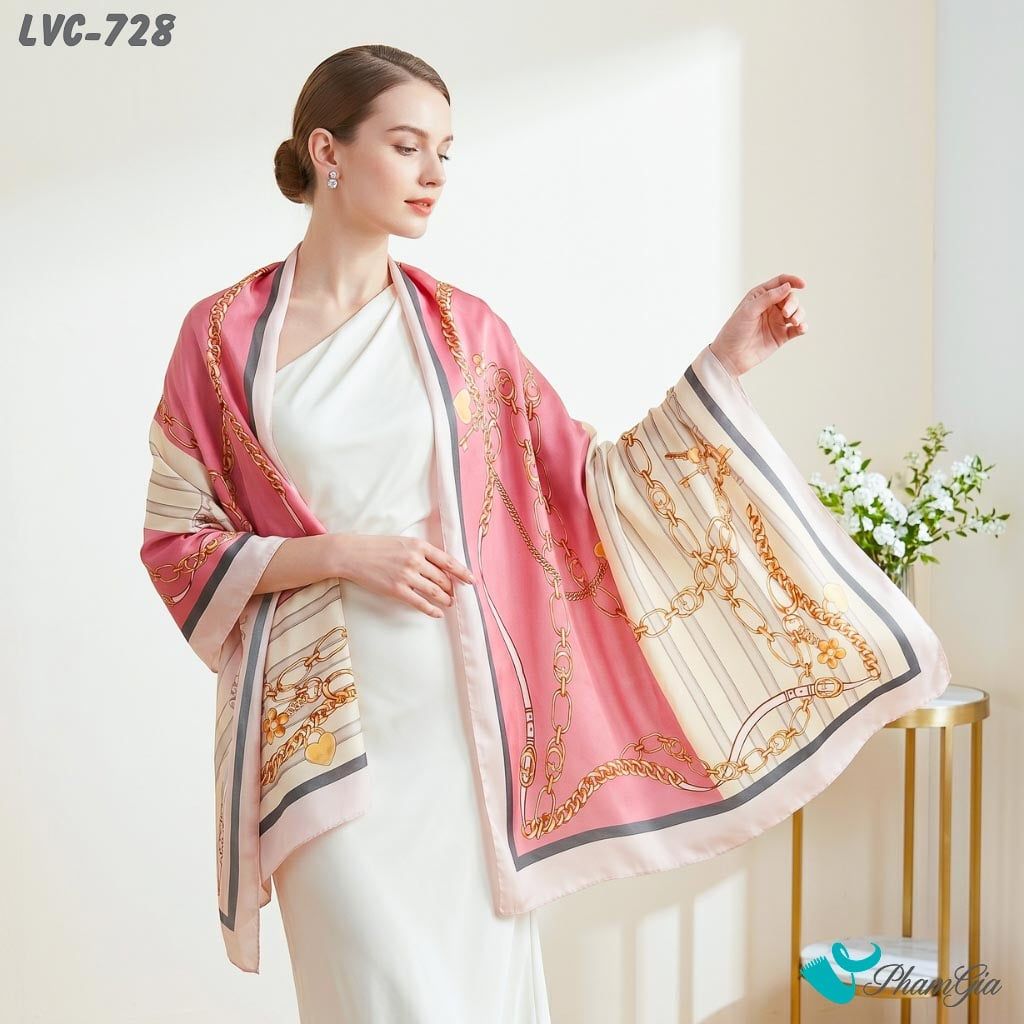 Khăn Choàng Lụa Vân Châu Họa Tiết Móc Xích Retro Phối Màu Trắng - Hồng Thanh Lịch (LVC728)