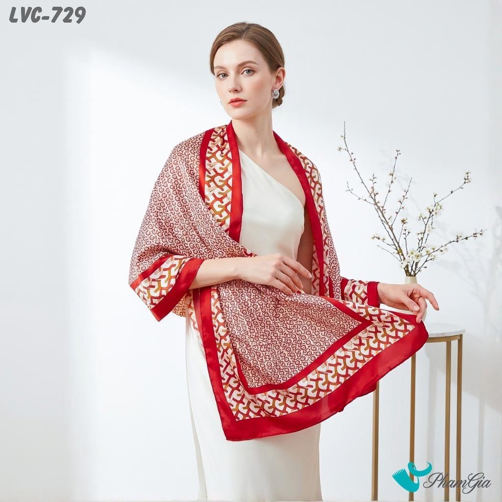 Khăn Choàng Lụa Vân Châu Họa Tiết Retro Màu Đỏ Cá Tính (LVC729)