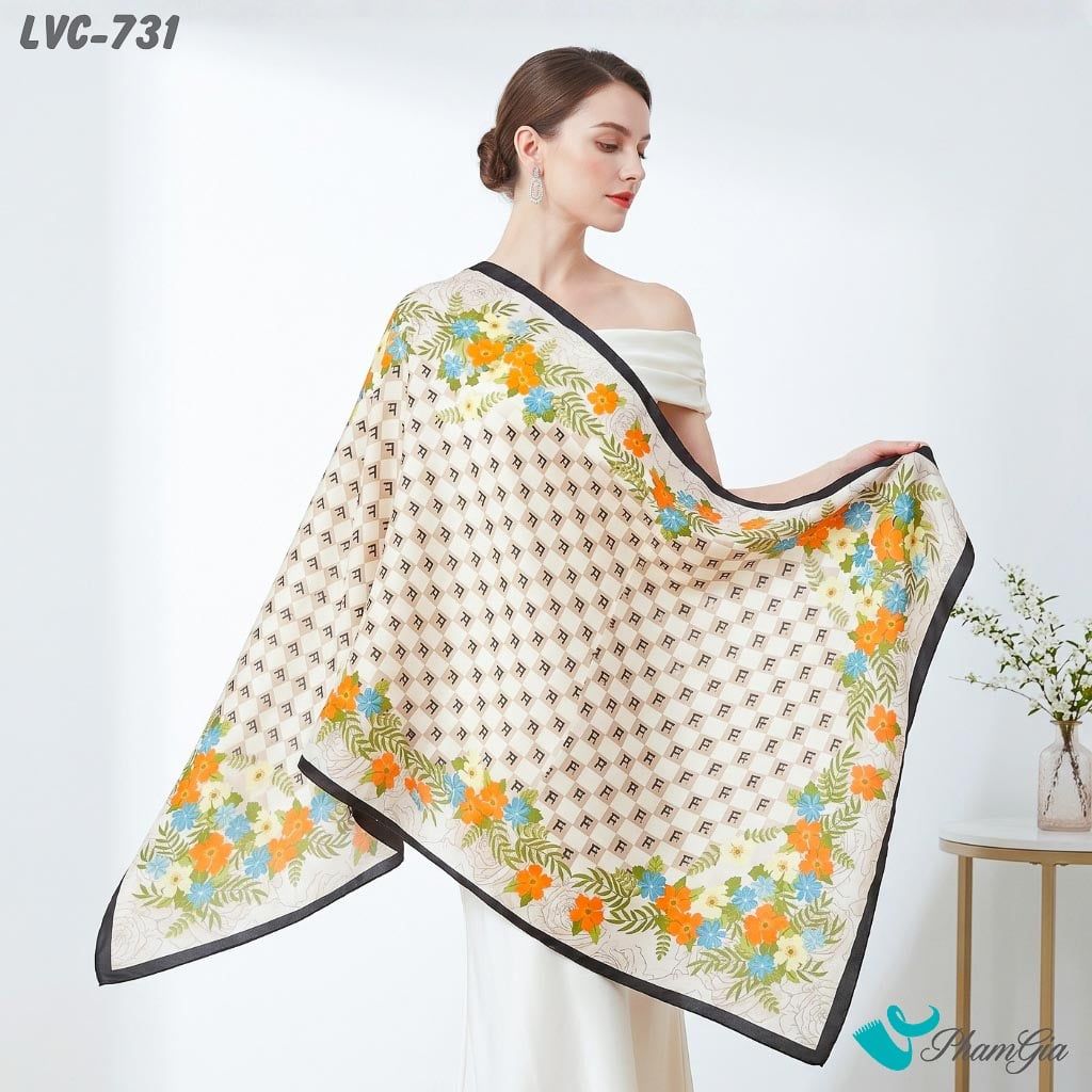 Khăn Choàng Lụa Vân Châu Họa Tiết Viền Hoa Kết Chữ Phối Nhiều Màu Thanh Lịch (LVC731)