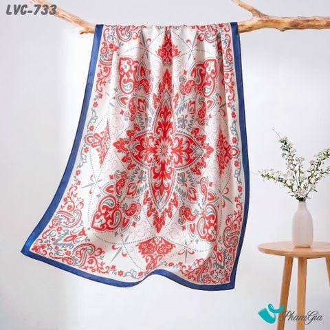 Khăn Choàng Lụa Vân Châu Họa Tiết Thổ Cẩm Đối Xứng Màu Đỏ Viền Xanh Sang Trọng (LVC733)