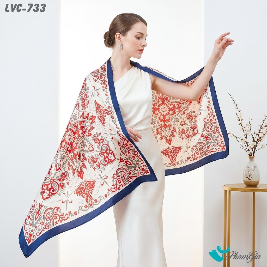 Khăn Choàng Lụa Vân Châu Họa Tiết Thổ Cẩm Đối Xứng Màu Đỏ Viền Xanh Sang Trọng (LVC733)