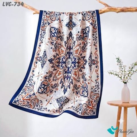 Khăn Choàng Lụa Vân Châu Họa Tiết Thổ Cẩm Đối Xứng Màu Xanh Navy Sang Trọng (LVC734)