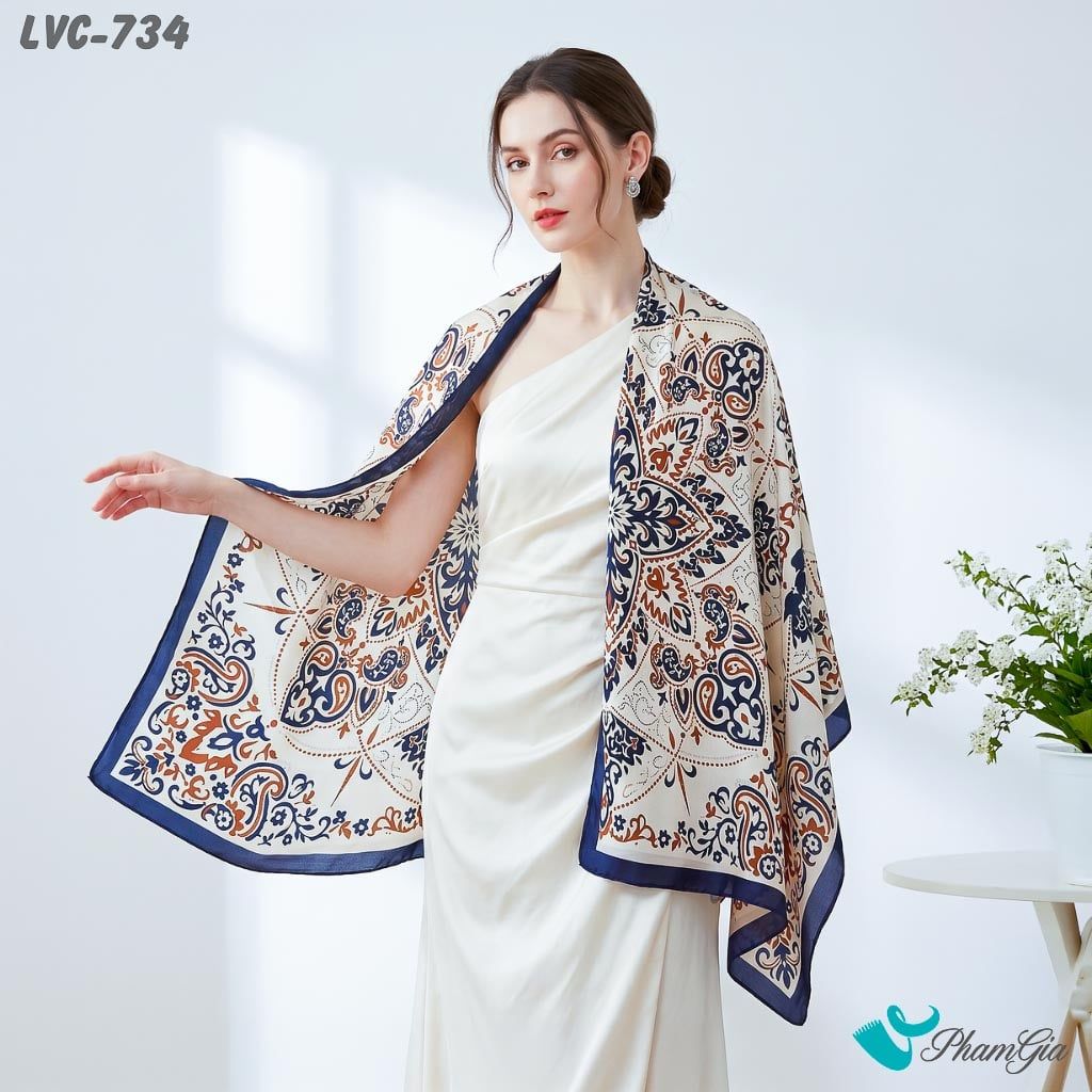 Khăn Choàng Lụa Vân Châu Họa Tiết Thổ Cẩm Đối Xứng Màu Xanh Navy Sang Trọng (LVC734)