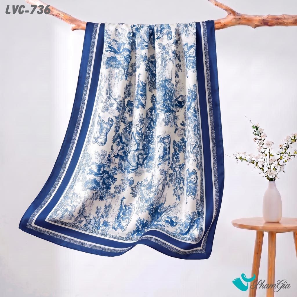 Khăn Choàng Lụa Vân Châu Họa Tiết Tranh Cổ Điển Muông Thú Màu Xanh Coban Thanh Lịch (LVC736)