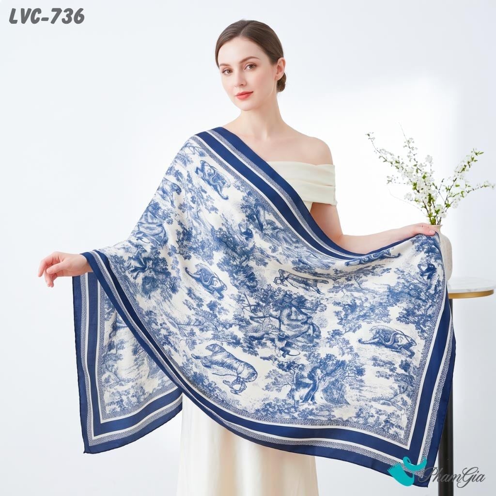 Khăn Choàng Lụa Vân Châu Họa Tiết Tranh Cổ Điển Muông Thú Màu Xanh Coban Thanh Lịch (LVC736)