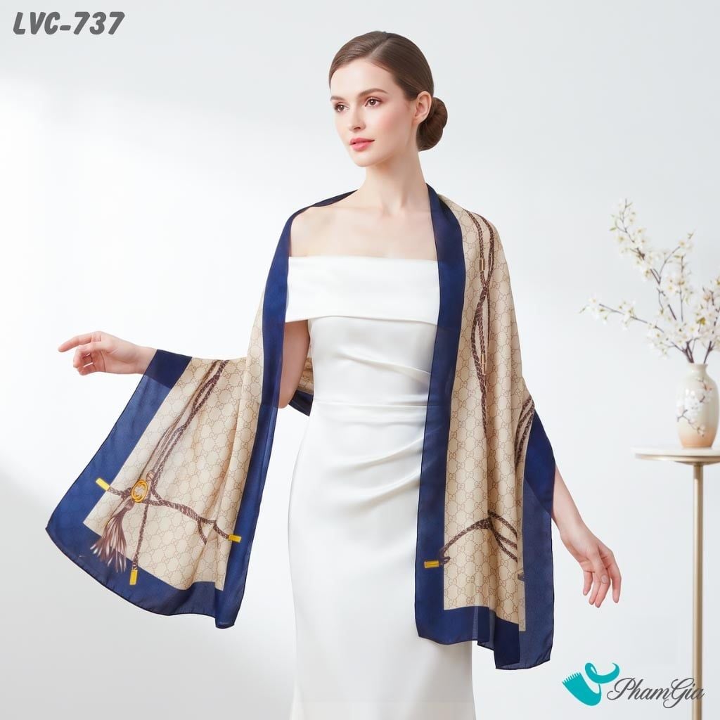Khăn Choàng Lụa Vân Châu Họa Tiết Tua Rua Cổ Điển Màu Beige Sang Trọng (LVC737)