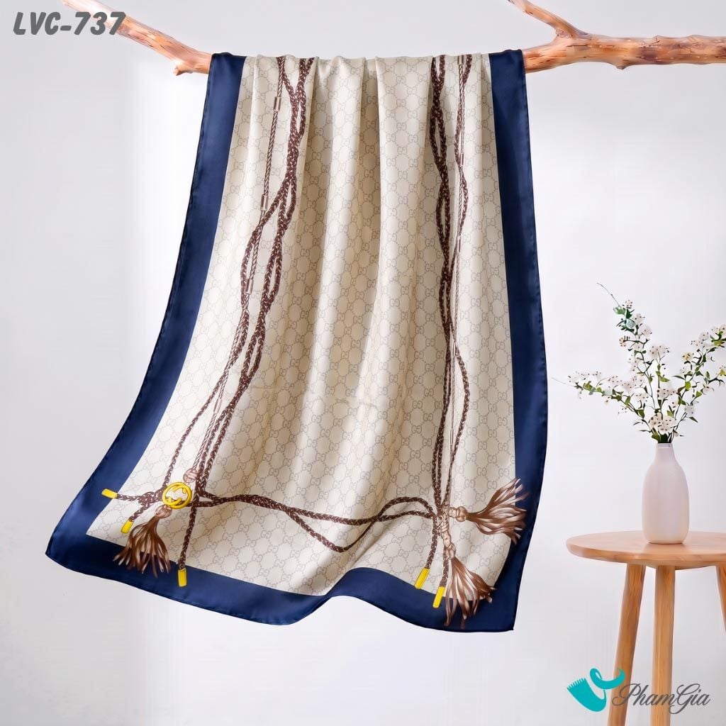 Khăn Choàng Lụa Vân Châu Họa Tiết Tua Rua Cổ Điển Màu Beige Sang Trọng (LVC737)