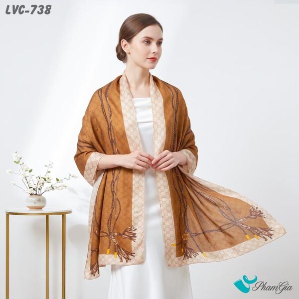 Khăn Choàng Lụa Vân Châu Họa Tiết Tua Rua Cổ Điển Màu Nâu Tây Sang Trọng (LVC738)