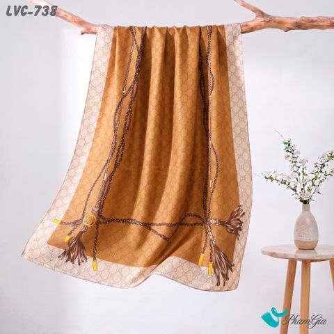 Khăn Choàng Lụa Vân Châu Họa Tiết Tua Rua Cổ Điển Màu Nâu Tây Sang Trọng (LVC738)