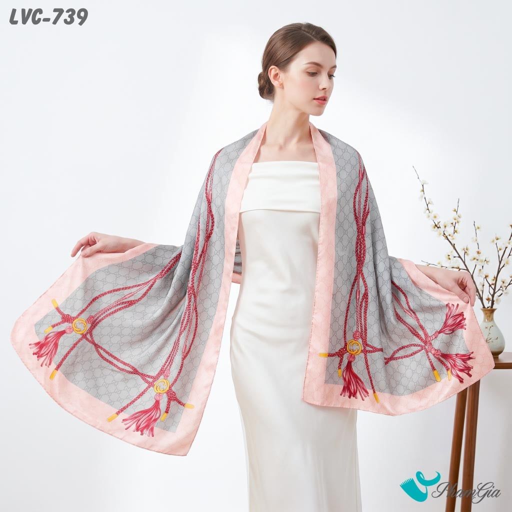 Khăn Choàng Lụa Vân Châu Họa Tiết Tua Rua Cổ Điển Màu Xám Sang Trọng (LVC739)
