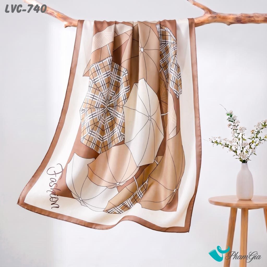 Khăn Choàng Lụa Vân Châu Họa Tiết Ô Cổ Điển Màu Nâu Caramel Thanh Lịch (LVC740)