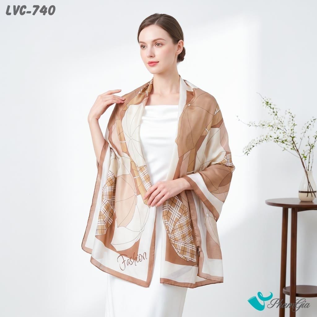 Khăn Choàng Lụa Vân Châu Họa Tiết Ô Cổ Điển Màu Nâu Caramel Thanh Lịch (LVC740)