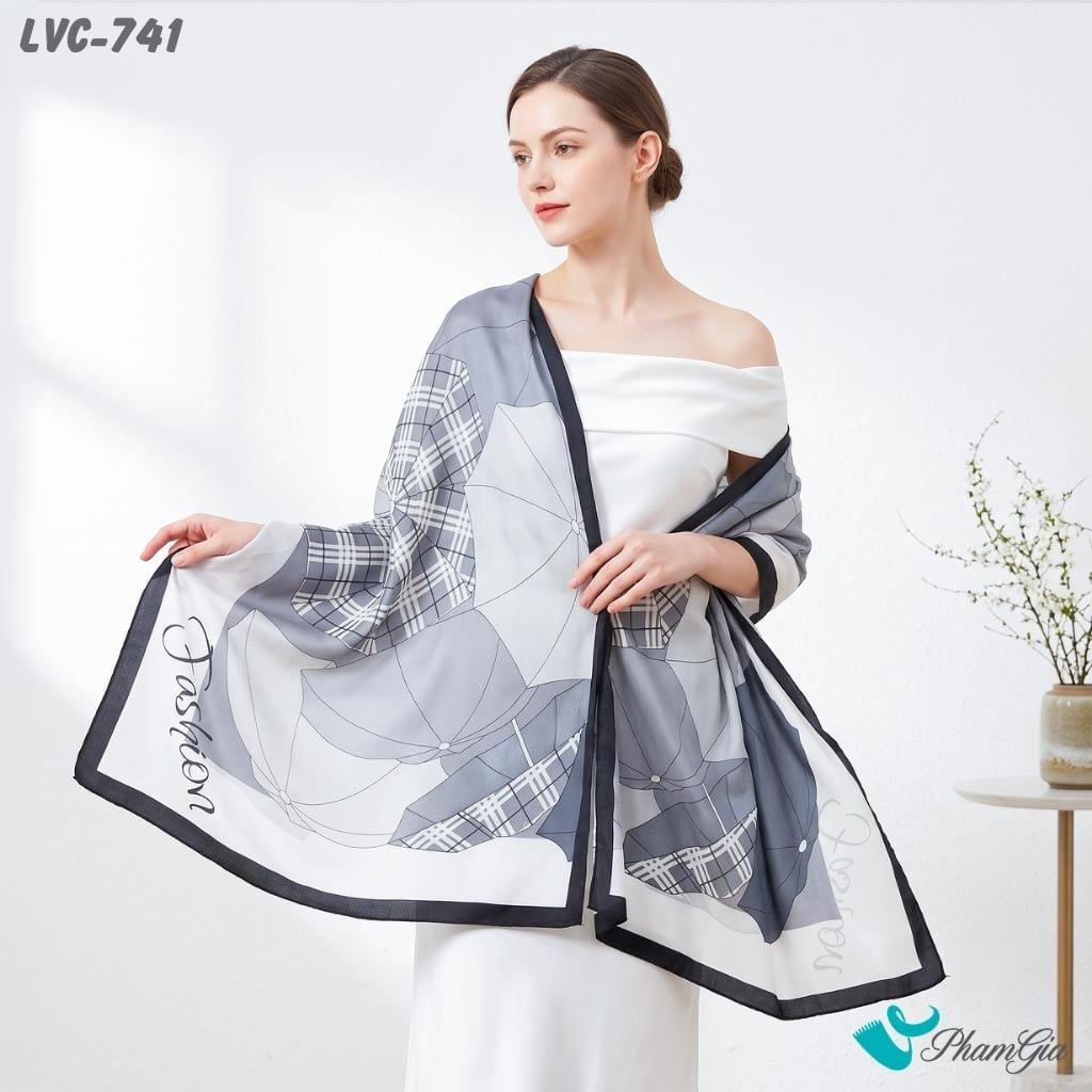 Khăn Choàng Lụa Vân Châu Họa Tiết Ô Cổ Điển Màu Xám Thanh Lịch (LVC741)